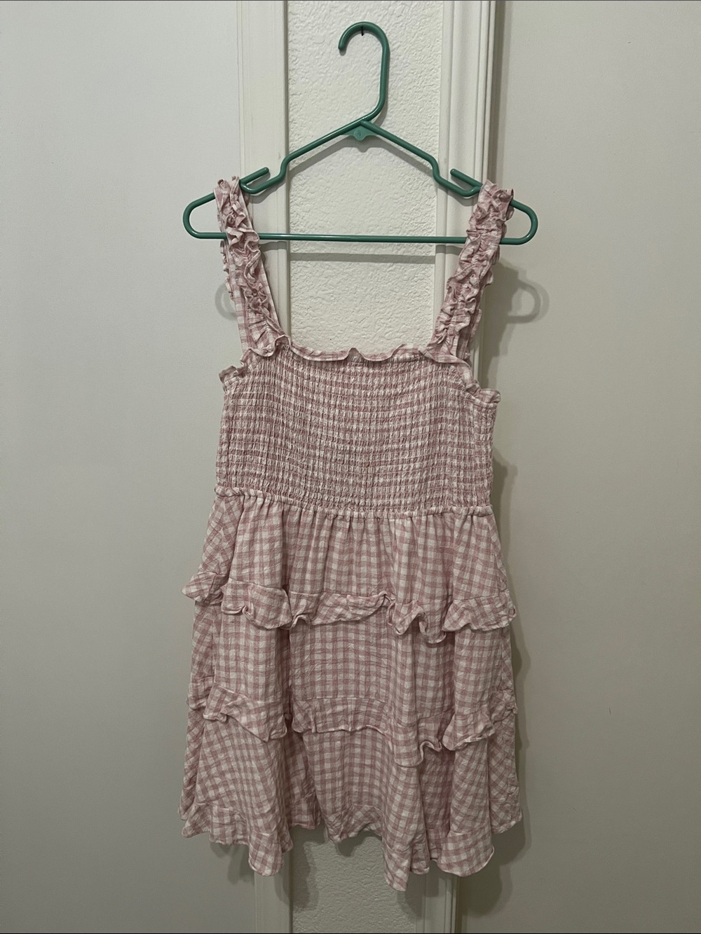 Girls Light Pink Gingham Ruffle Sundress with Smocked Bodice